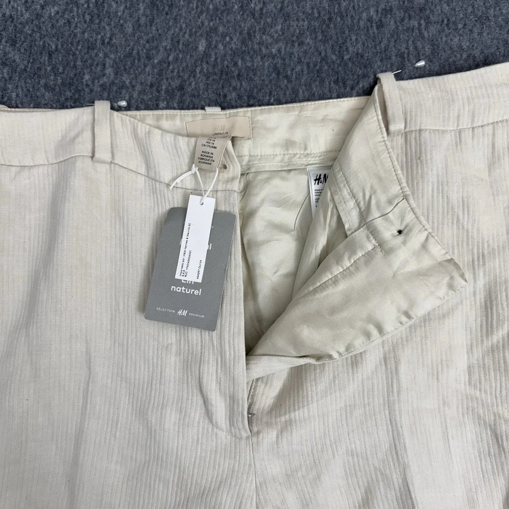 NEW H&M White Linen Wide-Leg Women's Dress Pants, Size 14, Zipper, Flat Front
